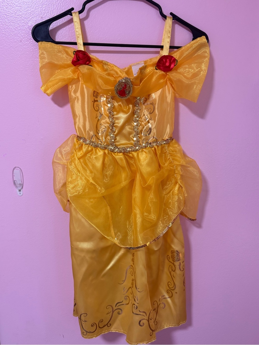 Disney Gold Yellow Belle-Style Girls' Princess Dress with Red Rose Accents
